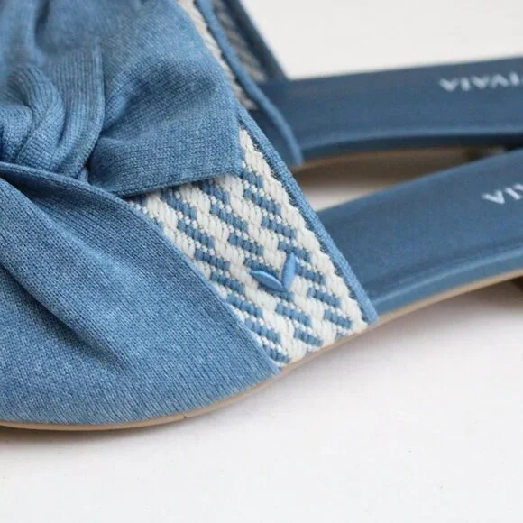 Vivaia Blue Denim White Pointed-Toe Knot Sandals Heel Mules (Yaffa Pro) Size 11 - Picture 4 of 10